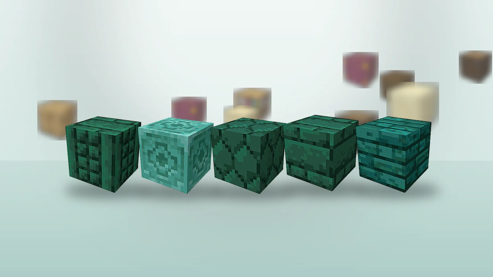 Row of green Chipped Mod blocks that are available only on Java Edition