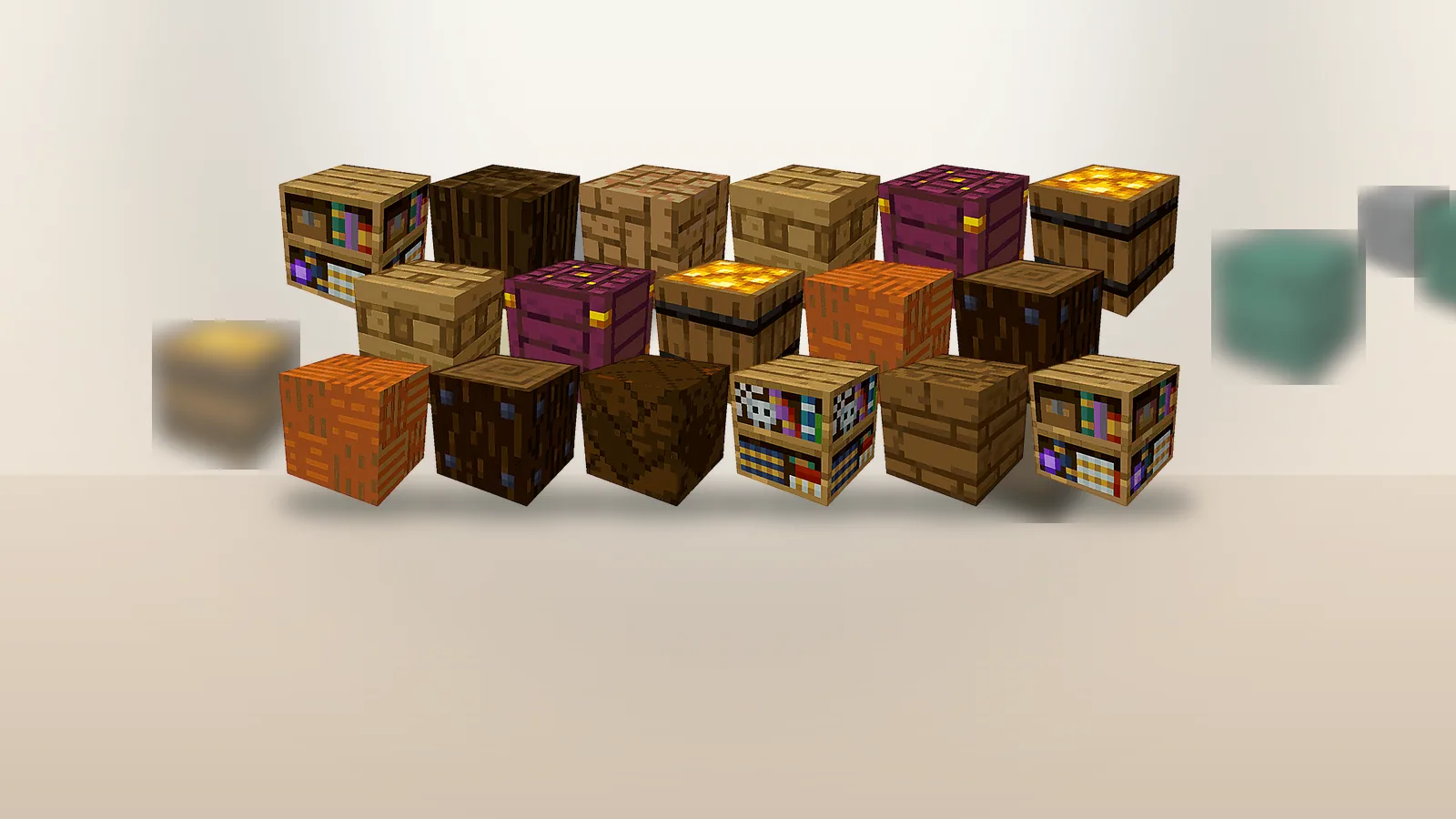 Wall of wooden Chipped Mod variants including bookshelves and barrels