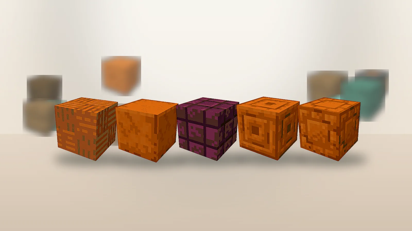 Row of terracotta and copper Chipped Mod variants for a mod comparison