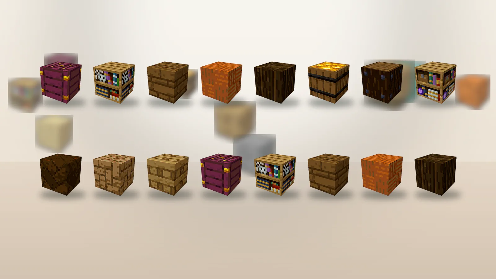 Grid of wooden and decorative Chipped Mod block variants